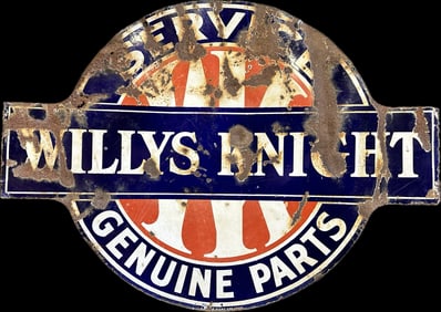 1940s Willys Knight Service & Genuine Parts DSP Double Sided Porcelain Sign 40"