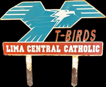 1950s 60s Lima Ohio Central Catholics T-Birds Die Cut Painted  Metal Sign