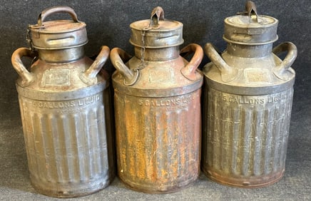 Lot of 3 1920s 30s Atlantic Motor Oil  Ellisco Metal 5 Gallon Oil Can Canisters