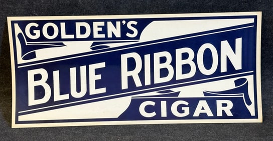 NOS Ca. 1940s Golden Cigars Blue Ribbon Tobacco Waxed Cardboard Sign 36"
