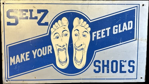 1950s Selz Shoes "Make Your Feet Glad" DST Double Sided Painted Metal Sign