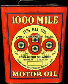 1930s Penn-Glenn Oil Works 1000 Mile Motor Oil 2 Gallon Oil Can