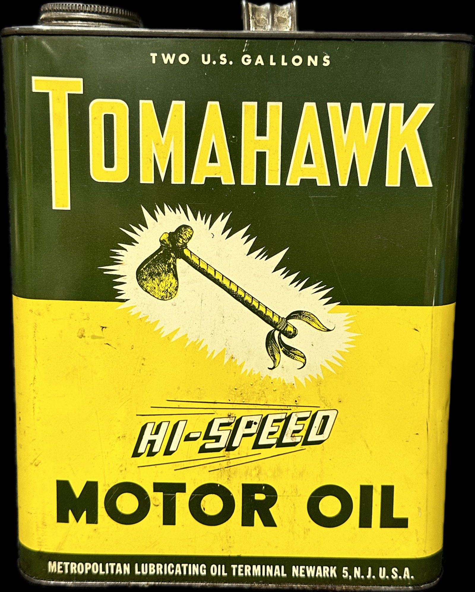 1930s 40s Tomahawk Hi-Speed Motor Oil 2 Gallon Oil Can Metropolitan Lube Works NJ (1 of 6)