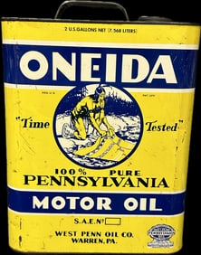 1940s Oneida 100% Pennsylvanina Motor Oil @ Gallon Oil Can Warren Penn Oil PA