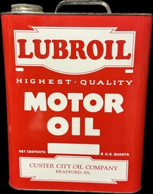 NOS 1950s Lubroil Motor Oil 2 Gallon Oil Can Custer City Oil Co. Bradford PA