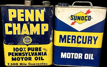Pair 1940s-60s Penn-Champ & Sunoco Mercury Motor Oil 2 Gallon Oil Cans