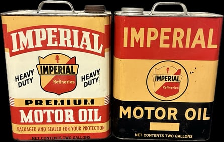 Pair 1940s 50s Imperial Motor Oil 2 Gallon Oil Cans Imperial Refining St Louis MO