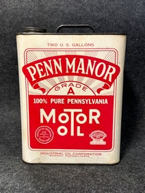 1940s Penn Manor 100% Pennsylvania Motor Oil 2 Gallon Oil Can Industrial Oil Warren PA