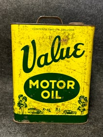 Vtg 1940s Value Motor Oil 2 Gallon Oil Can Tin Car & Truck Graphics