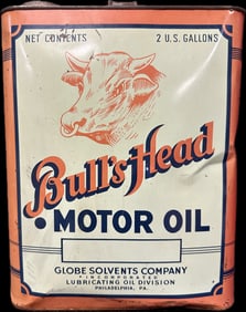 Bull's Head 2 Gallon Motor Oil Can by Globe Solvents Co Philadelphia PA