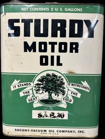 Sturdy Motor Oil Socony Vacuum 2 Gallon Can w/ Great Tree Graphics