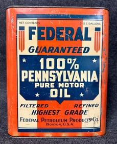 Federal 100% Pure Pennsylvania 2 Gallon Motor Oil Can Boston Mass