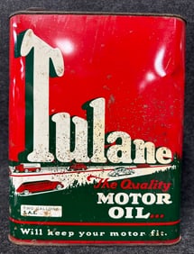 Tulane Motor Oil 2 Gallon 1930s Can w/ Car Graphics