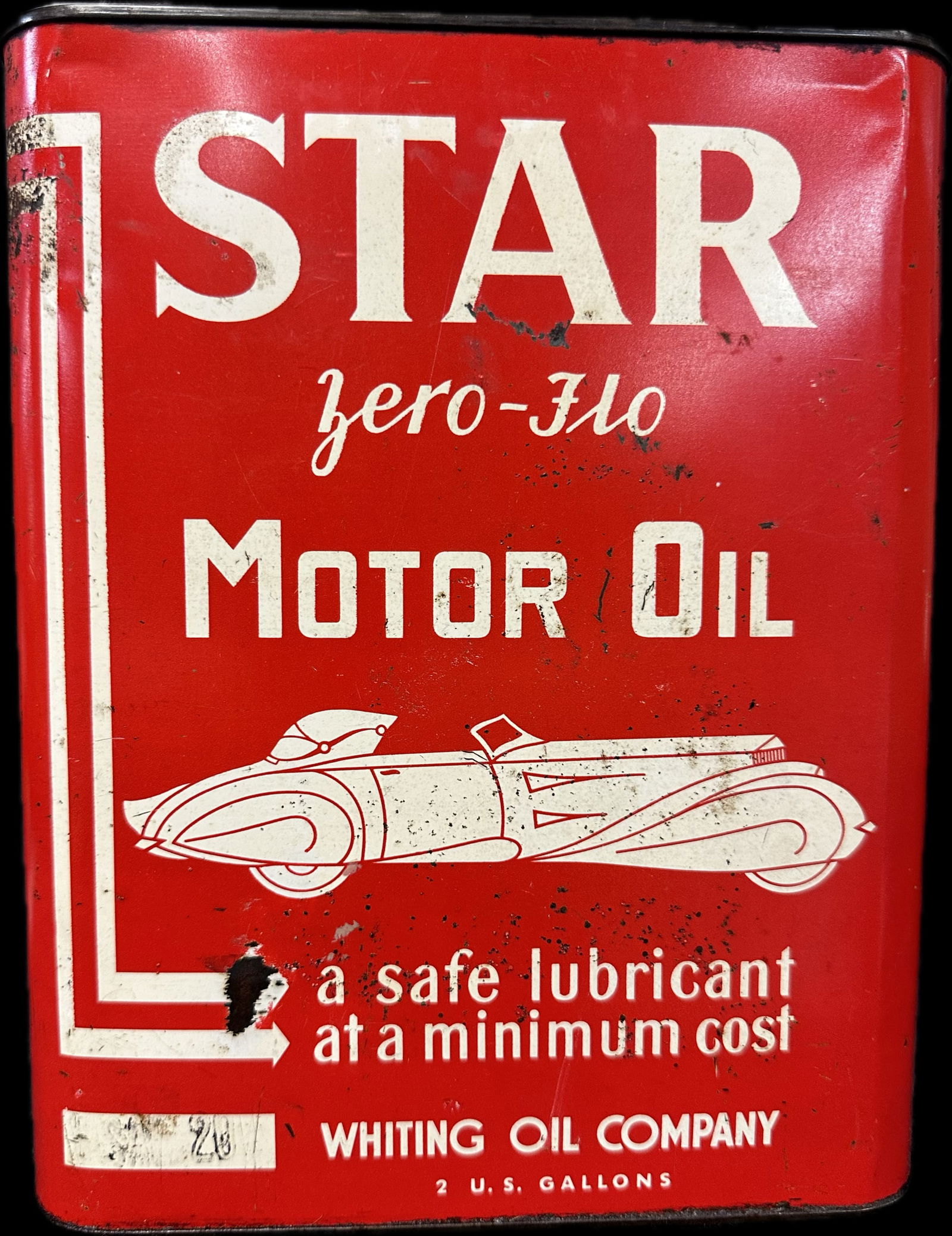 Star Zero Flo Motor Oil Whiting Oil Co. 2 Gallon Can w/ Car Graphics: Good/Fair condition. Has some surface rust & imperfections as seen. Minor dings or dents possible. See all photos.10.5" x 8"x 5.5