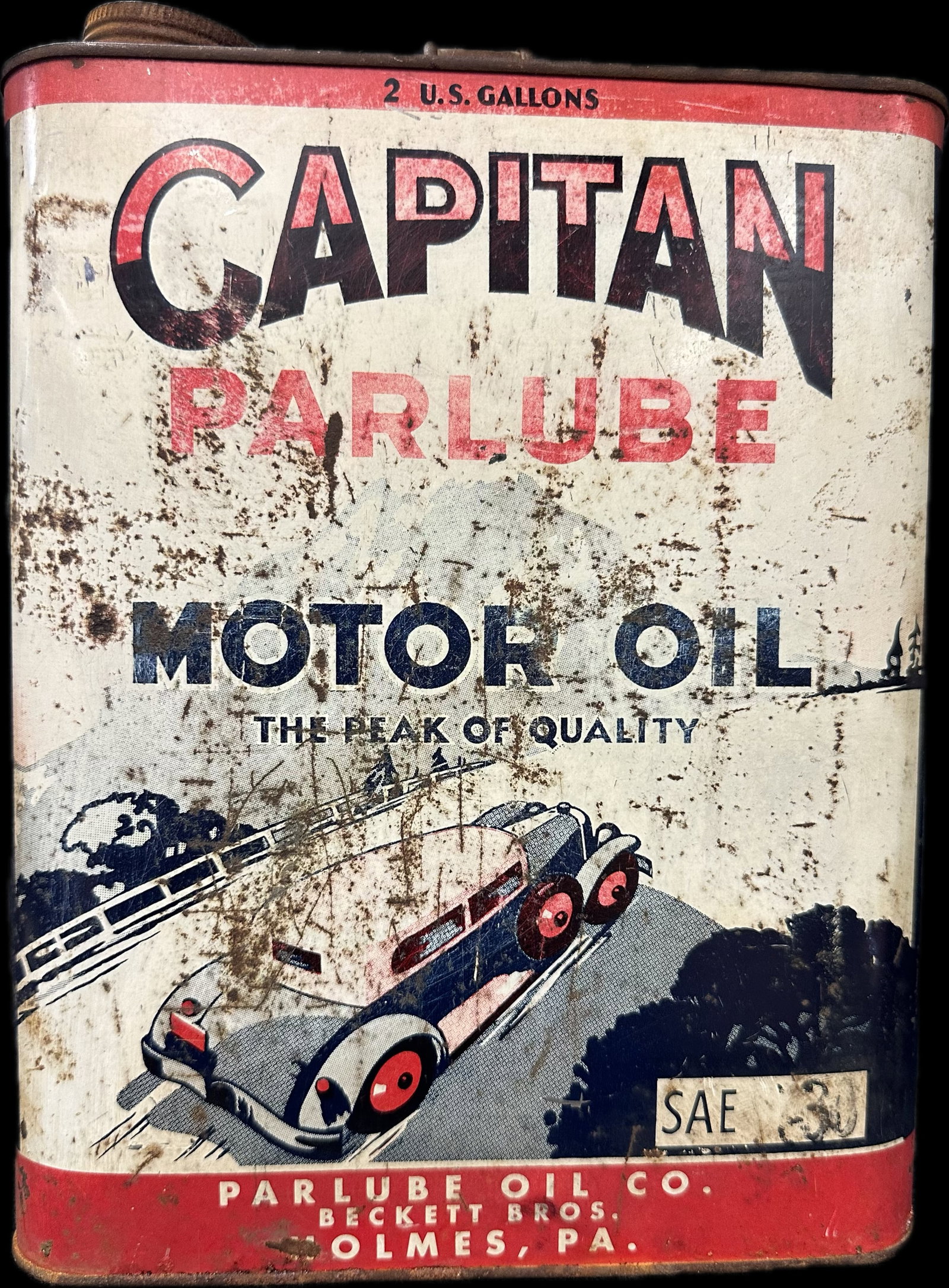 Capitan Parlube Peak Of Quality 2 Gallon Motor Oil Can Beckett Bros Holmes PA: Good/Fair condition. Has some surface rust & imperfections as seen. Minor dings or dents possible. See all photos.10.5" x 8"x 5.5