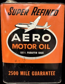 Super Refined Aero Motor Oil 2500 Mile Guarantee 2 Gallon Motor Oil Can w/ Airplane Graphics