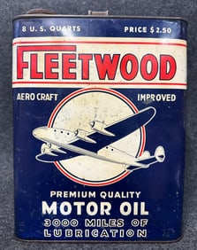 Fleetwood Aero Craft Motor Oil 2 Gallon $2.50 Pricer Can w/ Airplane Graphic Columbia Bedford Corp
