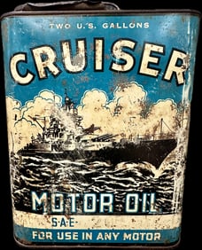 Rare Vintage 1930s Cruiser Motor Oil 2 Gallon Can w/ Ship Graphics