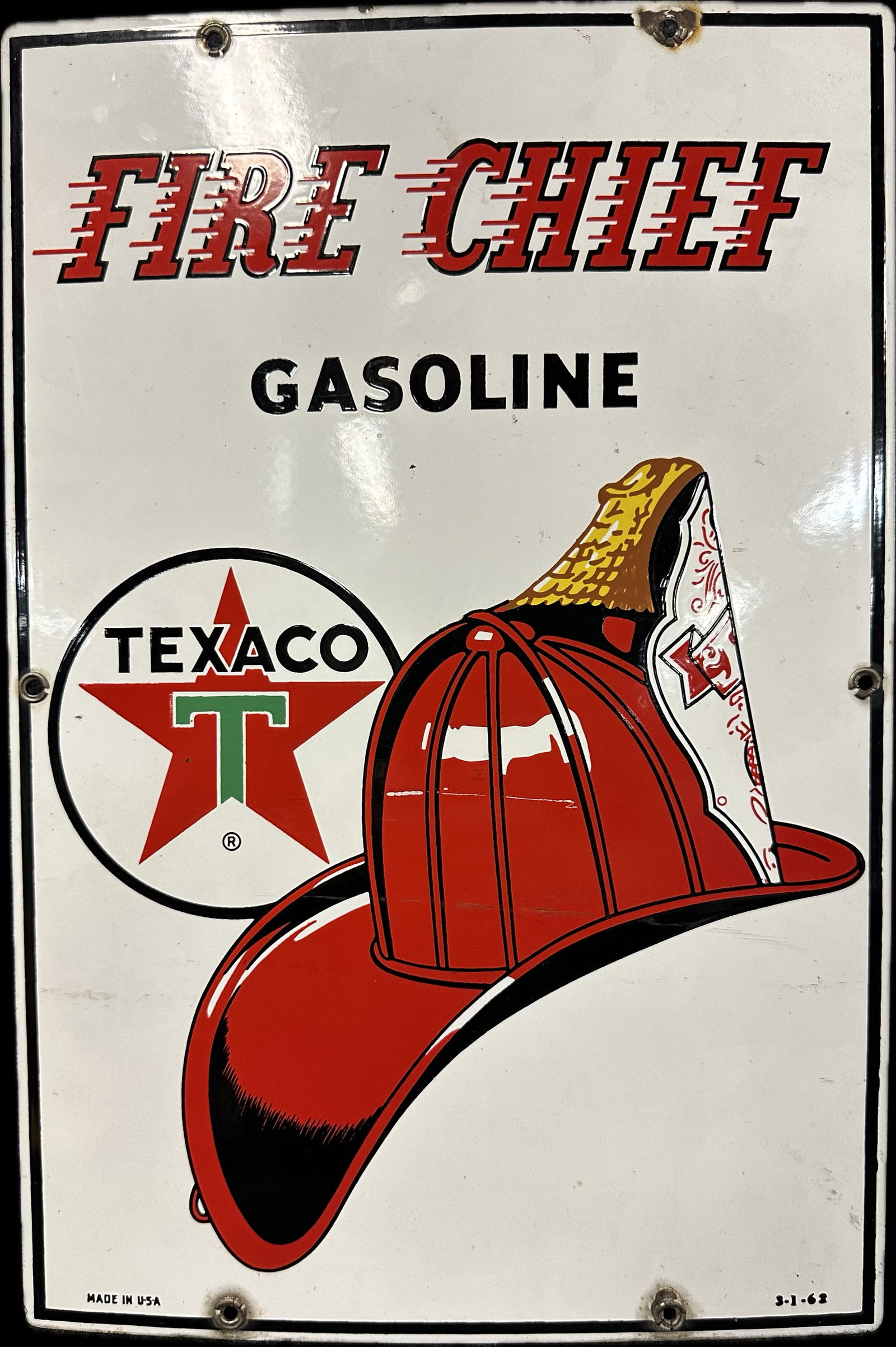 Fire Chief Gasoline 18" x 12" Original Porcelain Gas Pump Globe Dated 1962 (1 of 7)