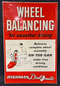Bishman Dial-O-Matic Wheel Balancing Embossed 1950s Single Sided Tin Sign