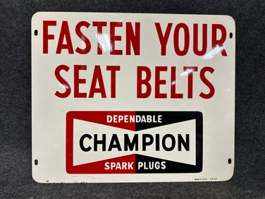 Fasten Your Seat Belts Champion Dependable Spark Plugs Painted Metal Double Sided Sign