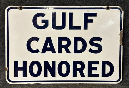 Gulf Cards Honored Double Sided Porcelain Advertising Sign