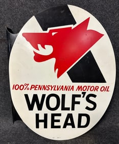Wolf's Head 100% Pure Pennsylvania Painted Metal 1971 Dated Flange Sign