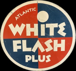 Vintage 1940s Atlantic White Flash Plus Double Sided Metal 30" Advertising Sign
