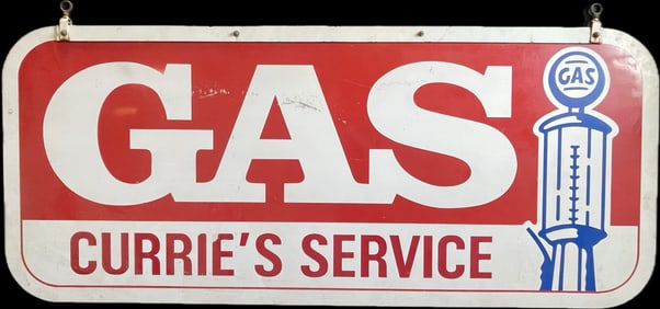 Gas Double Sided Painted Metal Ca. 60s-70s Currie's Service Gas Station Advertising Hanging 7' Sign