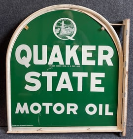 Vintage Quaker State Motor Oil Double Sided Metal Advertising Flange Sign w/ Bracket