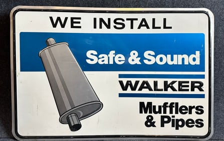 We Install Safe & Sound Walker Mufflers & Pipes Single Sided Metal Advertising Sign Ca 1970s