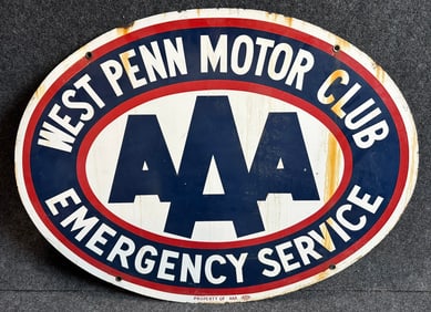 West Penn Motor Club Double Sided Porcelain 1940s AAA Emergency Service Sign