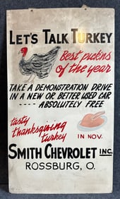 Let's Talk Turkey Masonite Hand Painted Smith Chevrolet Thanksgiving Advertising Sign