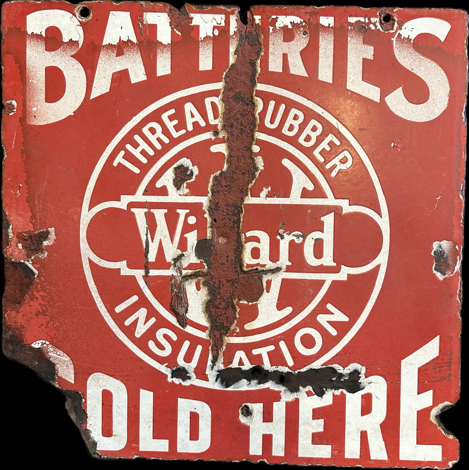 Willard Batteres Double Sided Porcelain Sold Here Advertising Sign: 17.75" x 17.75" - light touch up and corner damage as shown