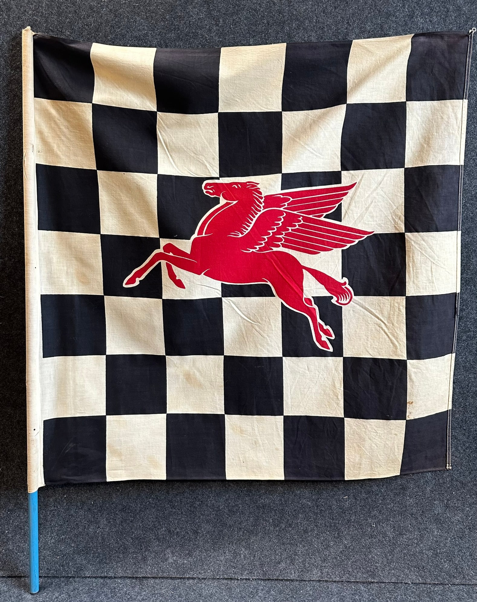 Large 1950s Mobil Oil w/ Pegasus Canvas Checkered Racing Flag (1 of 2)