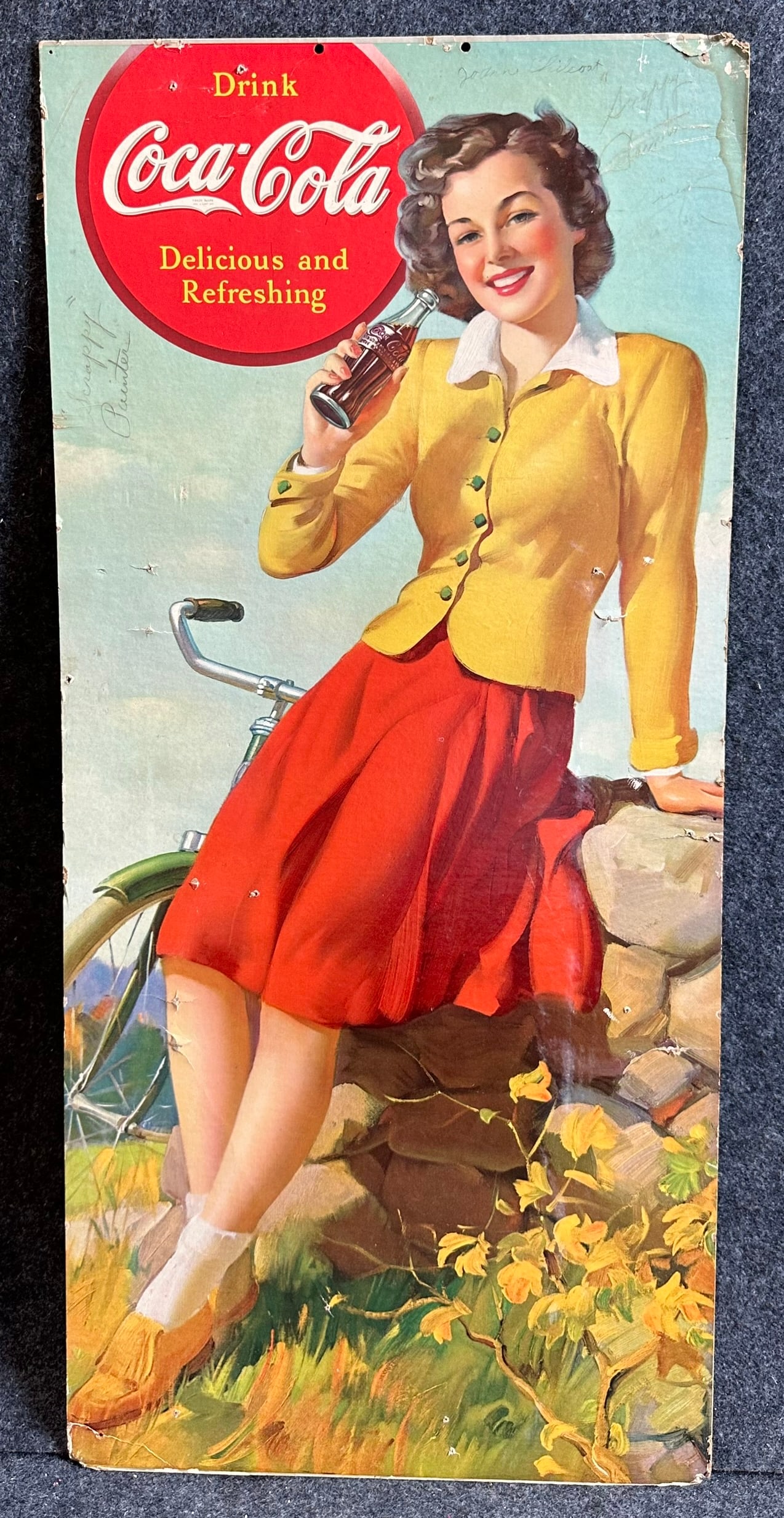 1940s Drink Coca Cola Delicious & Refreshing Cardboard Advertising Sign (1 of 7)