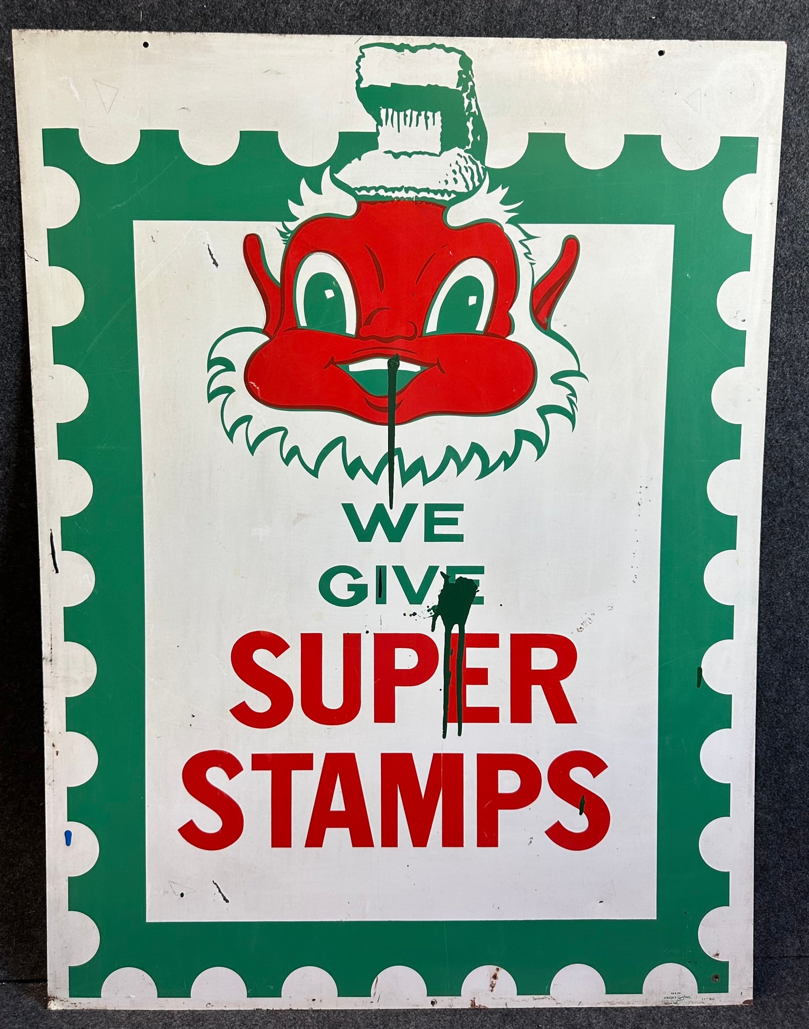 We Give Super Stamps Double Sided Painted Metal Advertising Sign: 30" x 40" - light paint overspray as shown