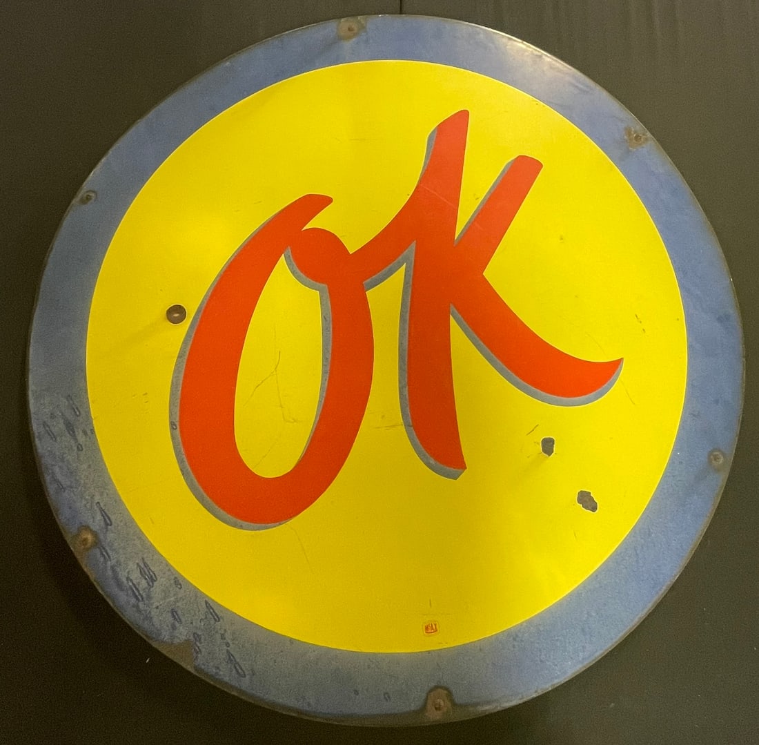 Original OK 3' Single Sided Porcelain Chevy Used Cars 1950s Sign (1 of 9)