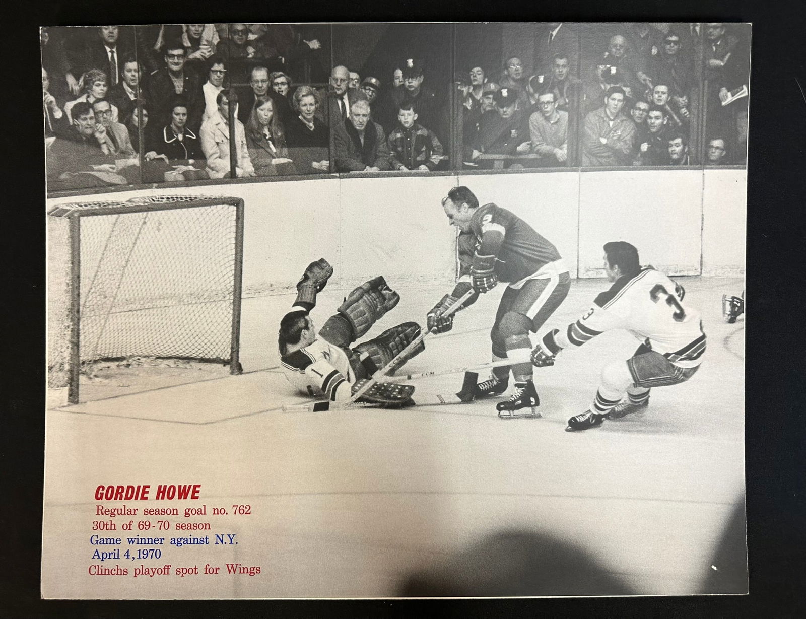 Photograph of Gordie Howe's No. 762 Regular Season Goal Against N.Y. April 4, 1970
