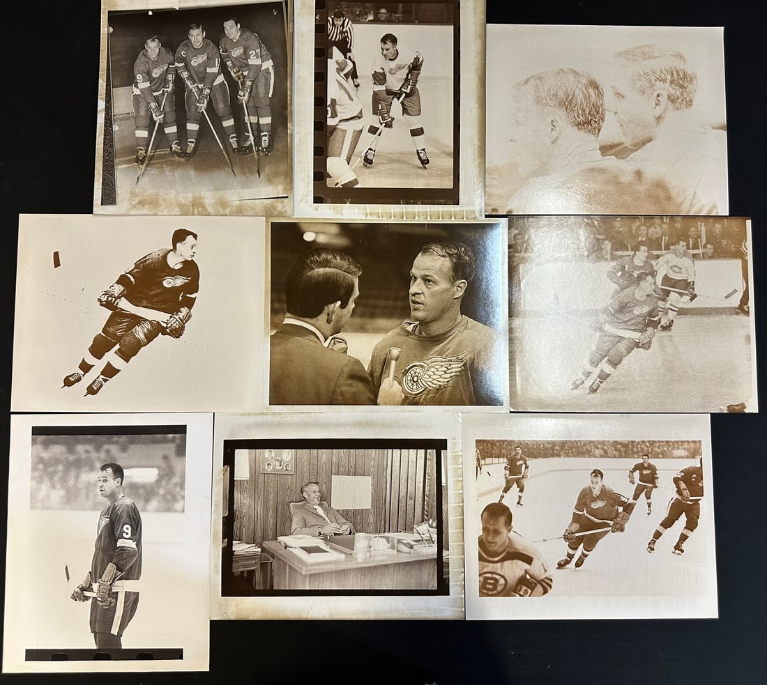 9 Original 60s 70s Original 8x10 Photographs of Gordie Howe: Original photographs featuring Gordie Howe; 4 solo shots, 1 w/ reporter, 2 on the rink, 1 w/ Alex Delvecchio & Frank Mahovlich, and 1 faded Howe w/ someone. 8''x10''