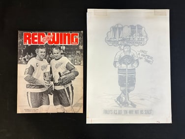 Gordie Howe & Alex Delvecchio on Cover w/ Original Sticks and Yuks by Mackey Cartoon Sketch