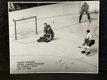 Original Signed 20x16 Print of Roger Crozier Stopping Claude Provost Oct. 20, 1968