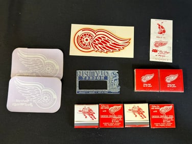 13 Piece Lot 9 Match Packs, 3 Redwing Stickers & 1 Olympia Hockey Stamp