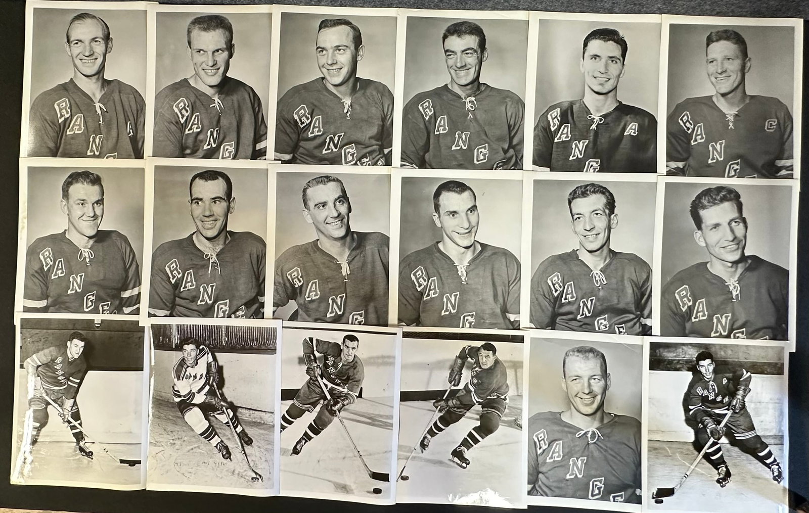 Lot 18 New York Rangers Players 8x10 Original Team Issued Photographs: 18 Different solo portrait photographs of New York Rangers players including; Parker MacDonald, Red Sullivan, Andy Bathgate (x3), Guy Gendron, Dave Creighton, Hank Ciesla, Andy Hebenton, Bill Gadsby, 