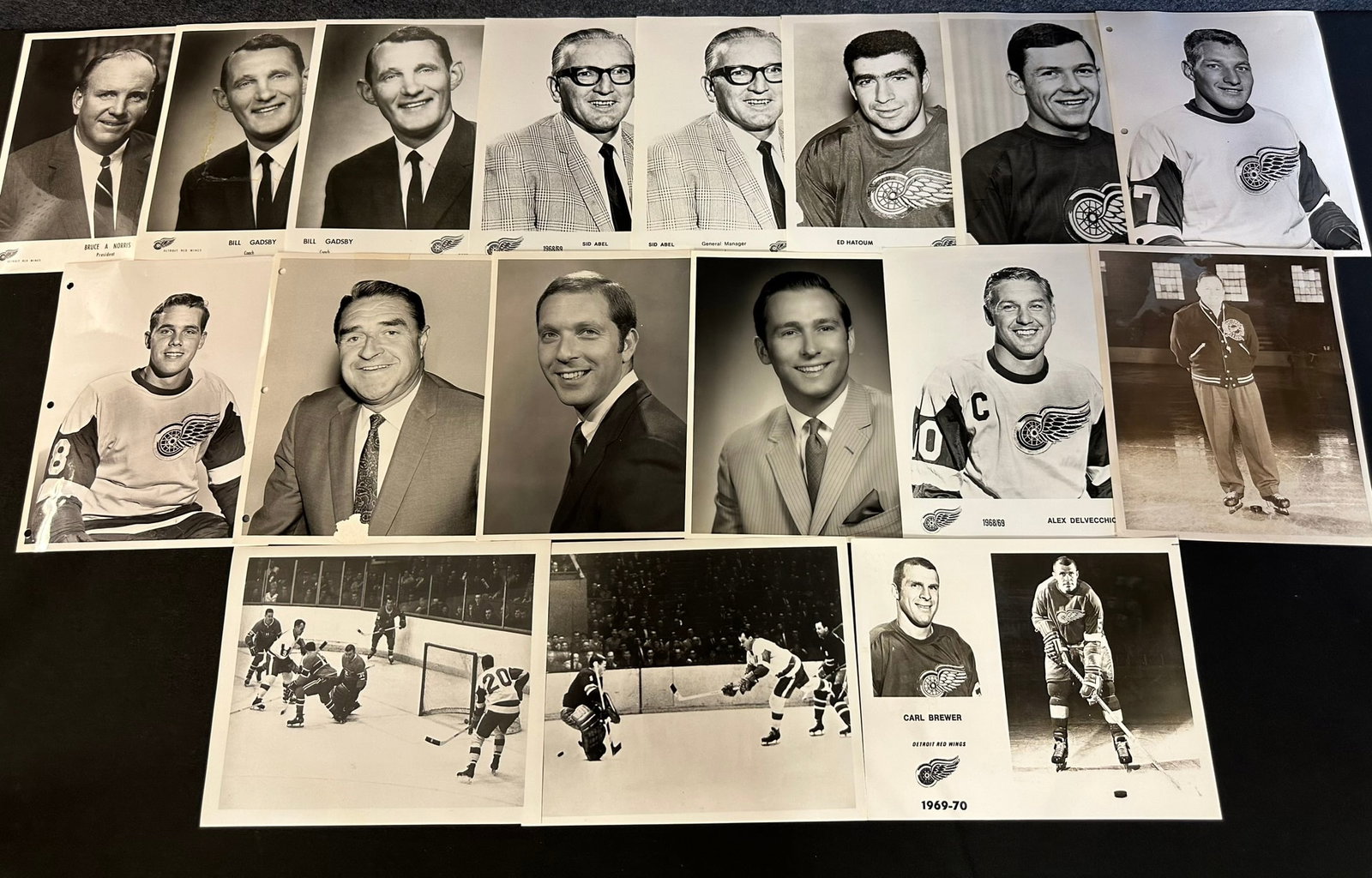 Lot 17 Detroit Red Wings 1968-69-70 Player & Affiliates 8x10 Photographs: 17 Detroit Red Wing 1968-69-70 player & affiliates graphic photographs including; Alex Delvecchio, Ed Hatoum, Doug Volmar, Gerry Hart, Carl Brewer, Bruce Norris (President), Bill Gadsby (coach) (x2), 