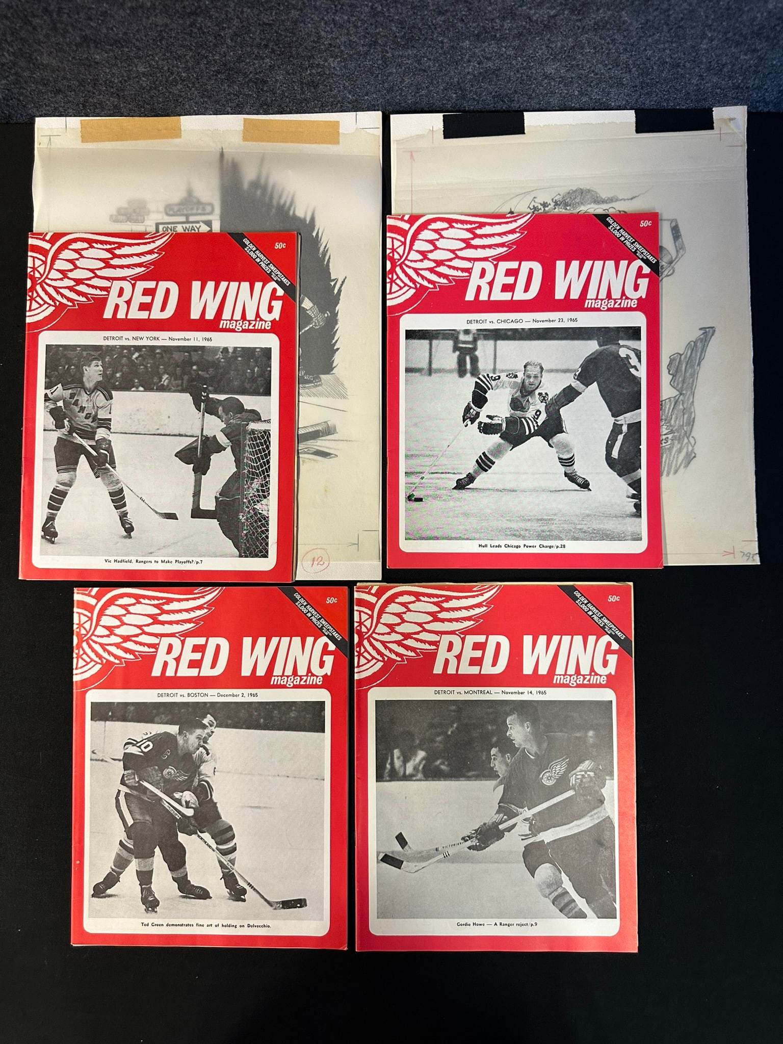 Lot 4 Red Wing Magazines 2 w/ Original Jim Mackey Cartoon Sketch Nov. 14 1965- Dec. 2 1965: 4 Red Wing Magazines; 2 w/o original Jim Mackey cartoon sketched dated Nov. 14, 1965 & Dec. 2, 1965, 1 dated Nov. 11, 1965 w/ original cartoon sketch on pg. 26 "Determained to knock somebody off!'', &