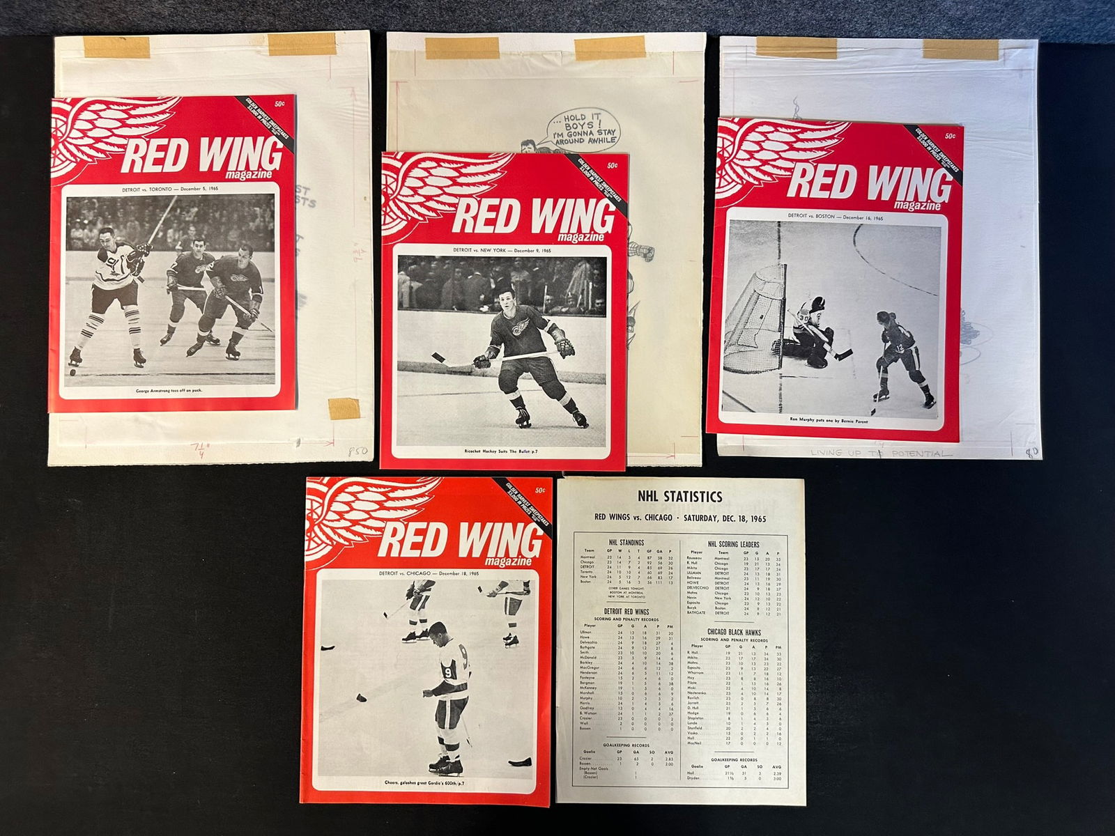 Lot 4 Red Wing Magazines 3 w/ Original Cartoon Sketch Dec. 5-18, 1965 Gordie Howe 600 (1 of 4)
