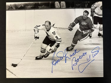 Autographed & Personalized Matted Print of Bobby Hull & Gordie Howe In Game