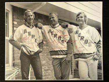 Autographed & Personalized 14"x11" Photograph of Gordie, Marty & Mark Howe in Aero's Jersey