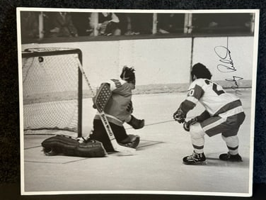 Autographed 1970s 14"x11" Matted Photographic Print of Mickey Redmond Scoring vs Flyers